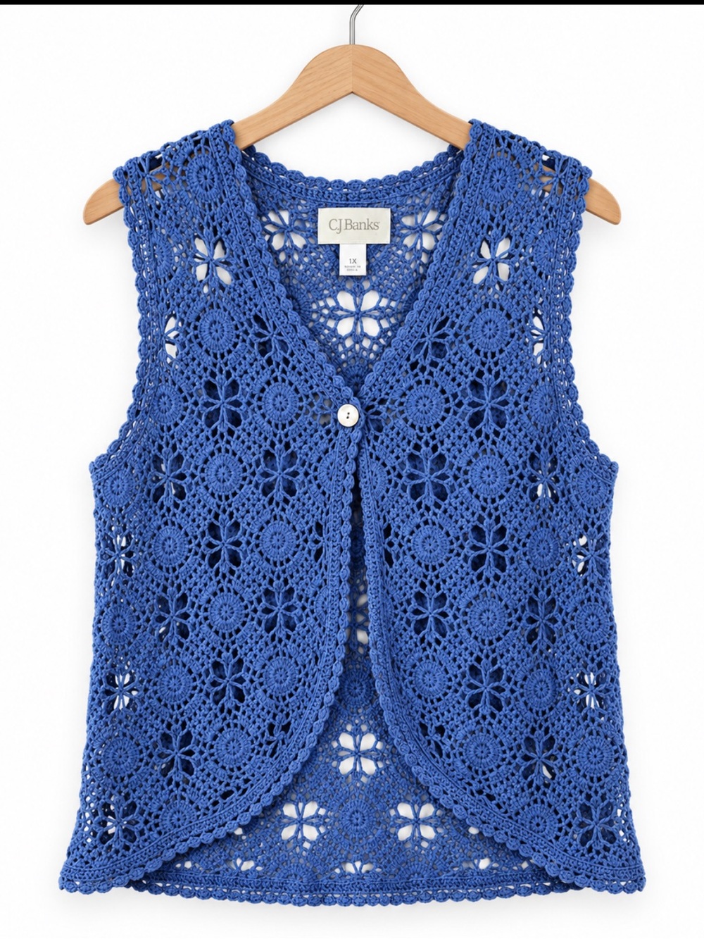 CJ Banks Blue Crochet Open Knit Vest 1X Button Front Boho Cottagecore Layering